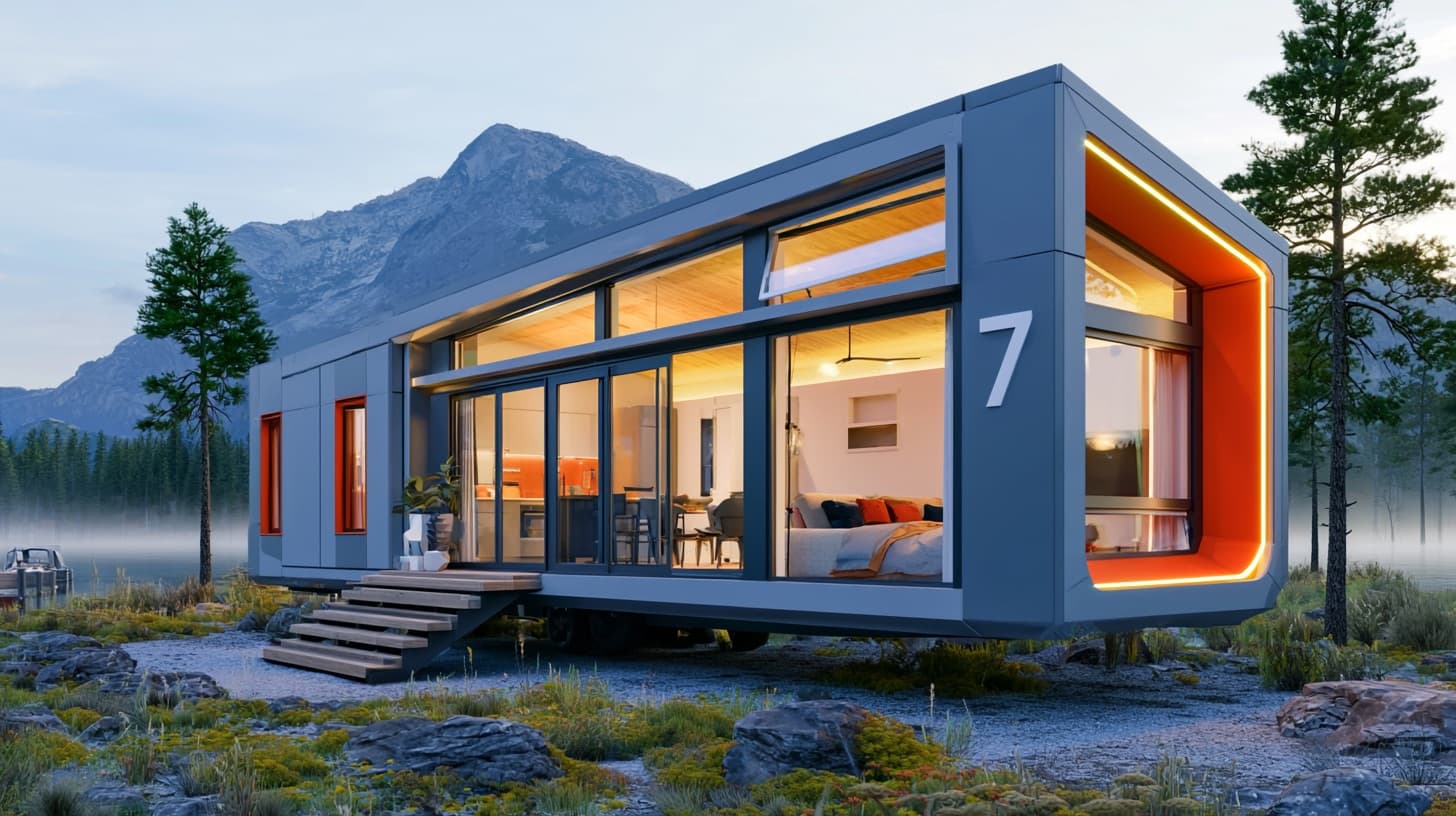 A modern capsule tiny house with floor-to-ceiling glass and orange trim, sited by a mountain lake at dusk